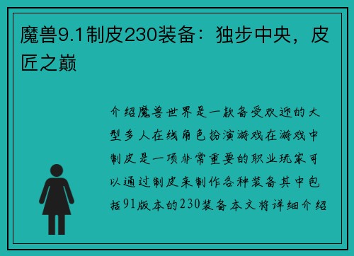 魔兽9.1制皮230装备：独步中央，皮匠之巅